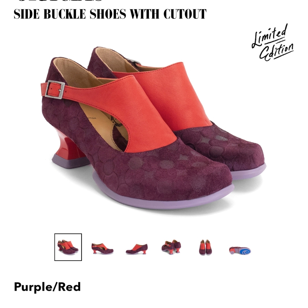 Fluevog Gracias Limited Edition Purple and Red Side Buckle Shoes - Picture 2 of 5